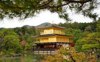 The Golden Pavilion at Kinkaku-ji reflected in its pond among autumn maples in Kyoto