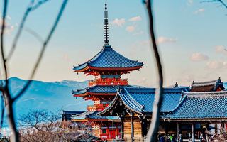 The pagoda at Kiyomizu-dera seen through bare branches above the rooftops of Kyoto