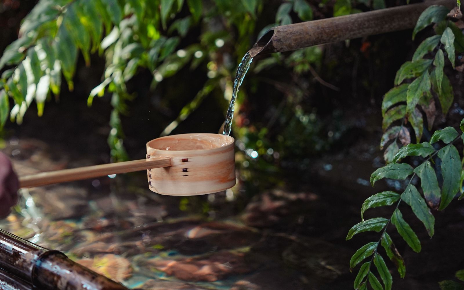 A bamboo spout pouring water into a wooden ladle above a stone basin